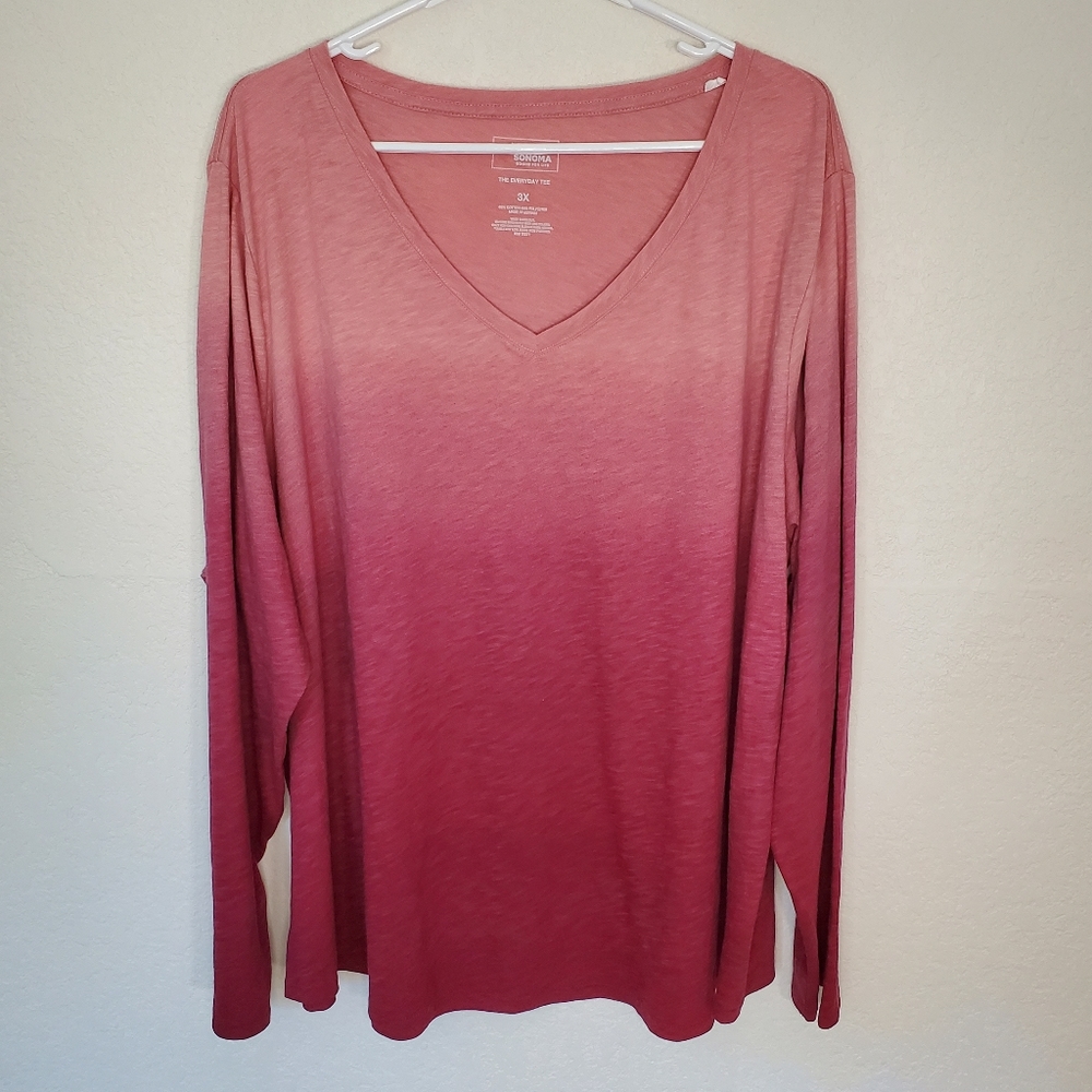 Sonoma Women's Plus Size Pink Ombre Long Sleeve V neck Shirt 3X
